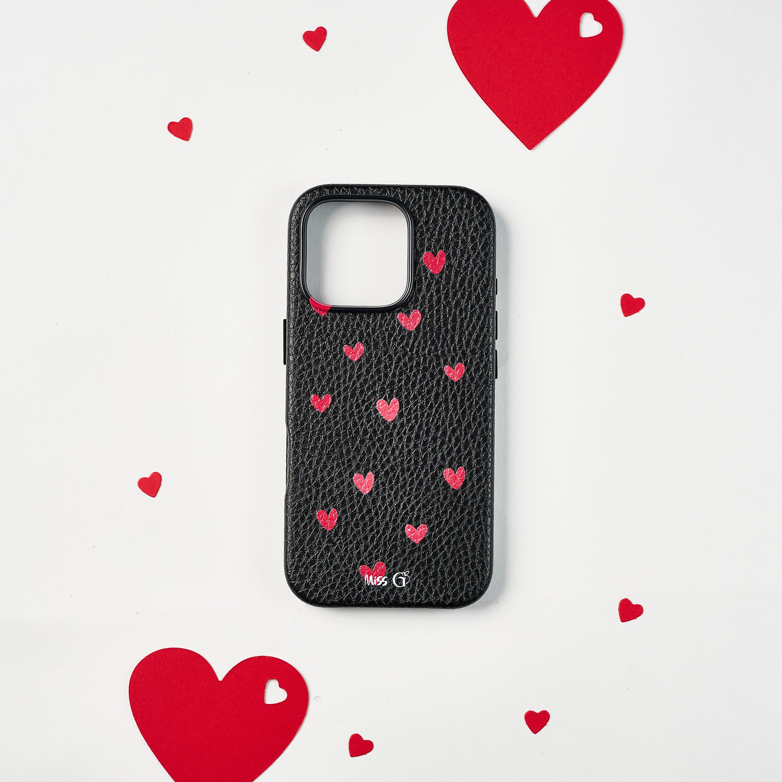 Leather case with red hearts pattern