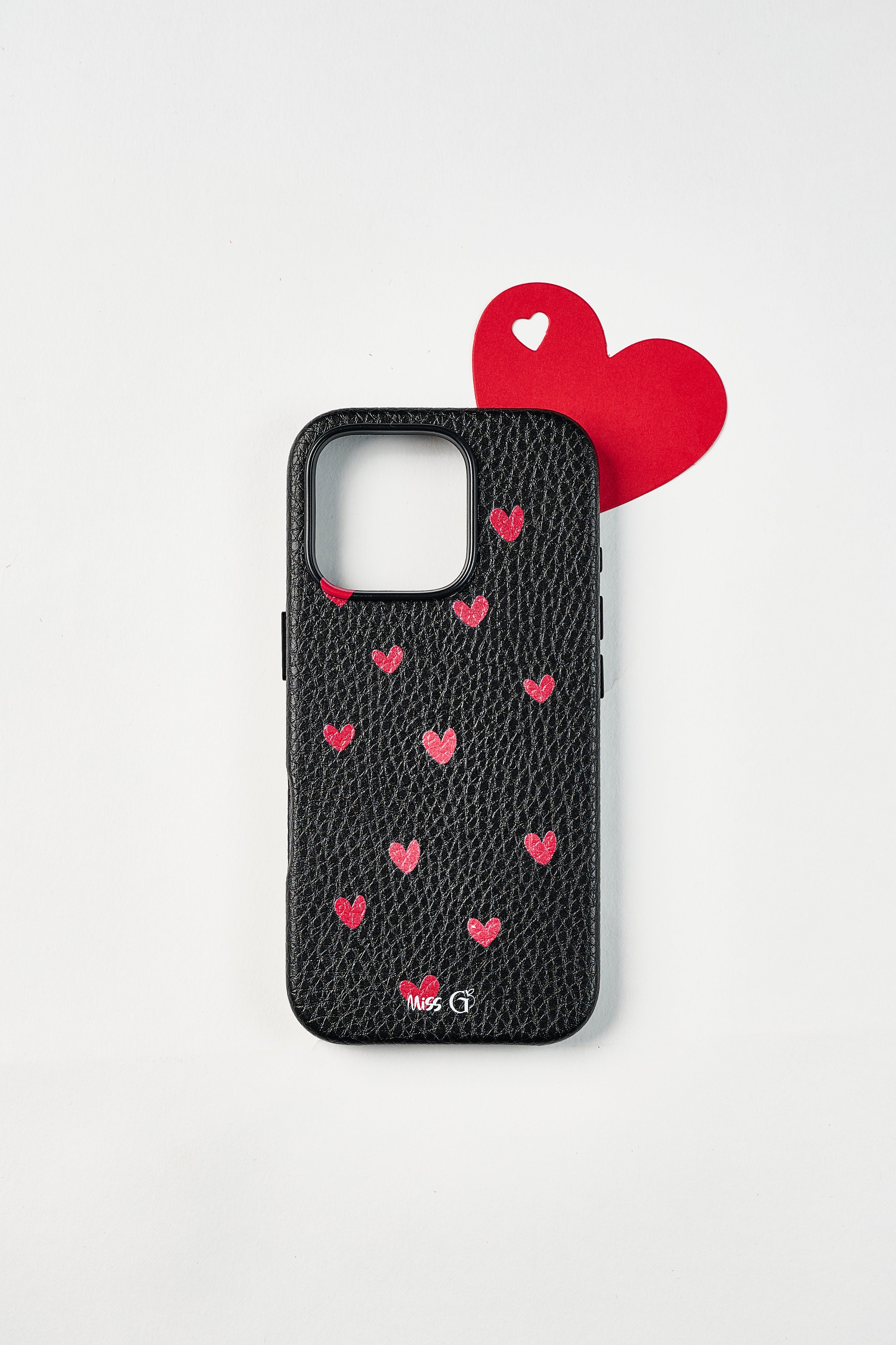 Leather case with red hearts pattern