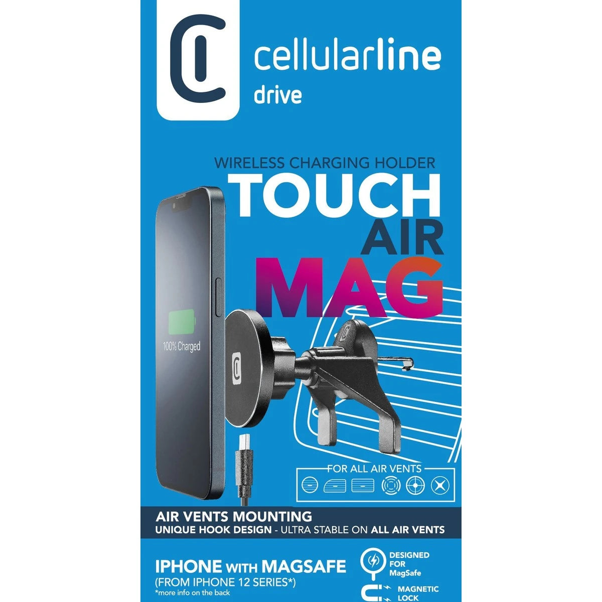 Magnetic car smartphone holder for MagSafe® system with wireless charging