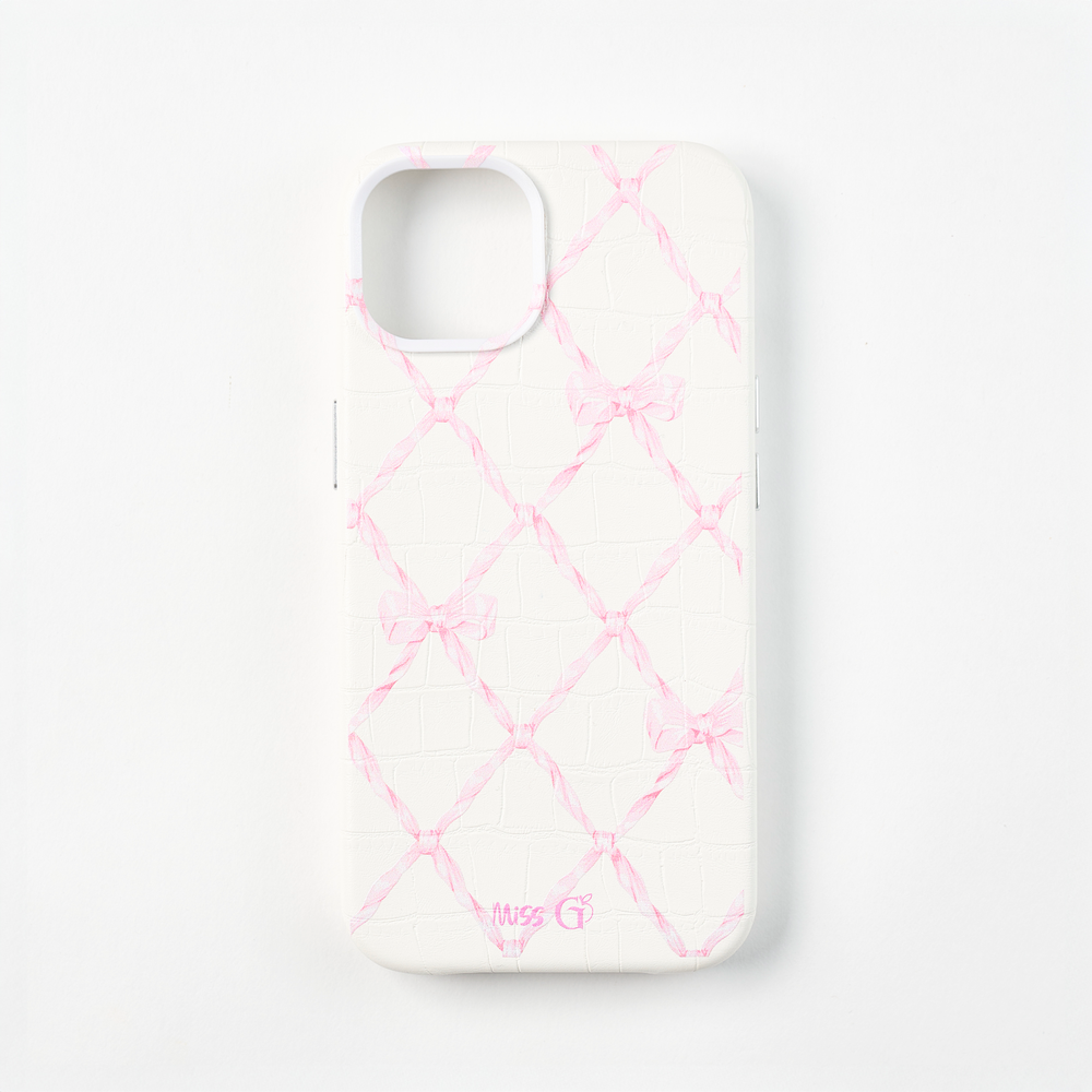 Coque cuir motif nœuds roses 